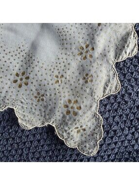 White Handkerchief Gold Floral & Dot Print Scalloped Edge Square